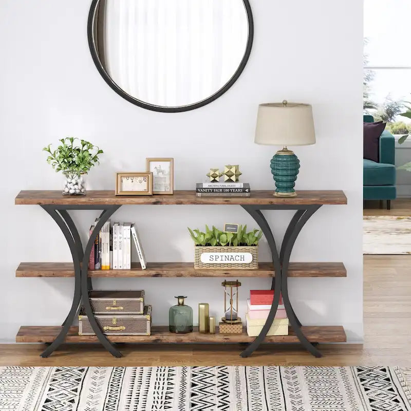 Brown/Grey/Gold X-Frame Narrow Console Table, 3-Tier Shelves