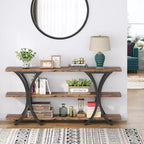 Brown/Grey/Gold X-Frame Narrow Console Table, 3-Tier Shelves