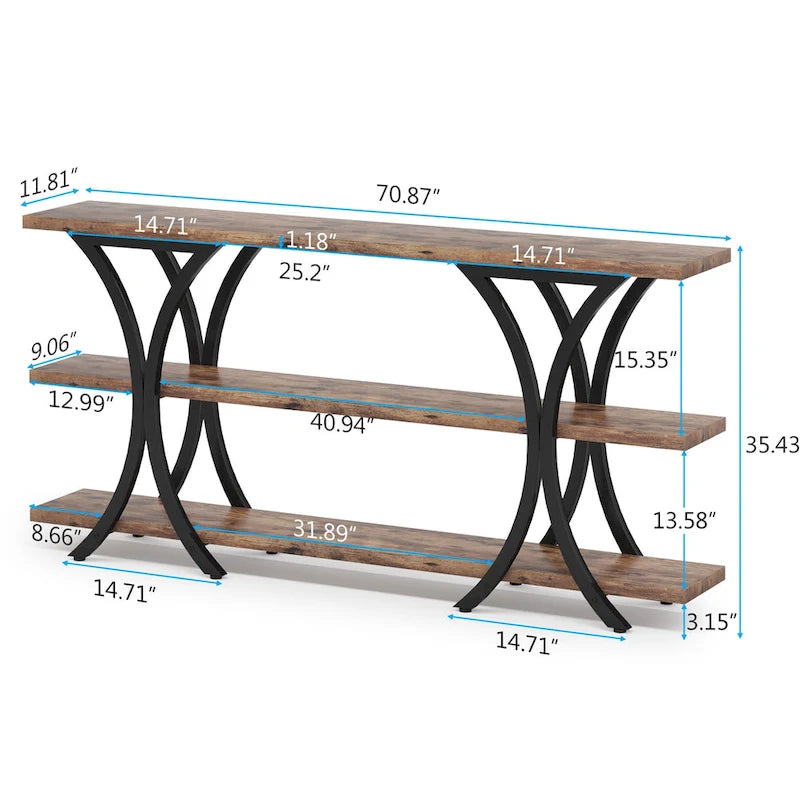 Brown/Grey/Gold X-Frame Narrow Console Table, 3-Tier Shelves