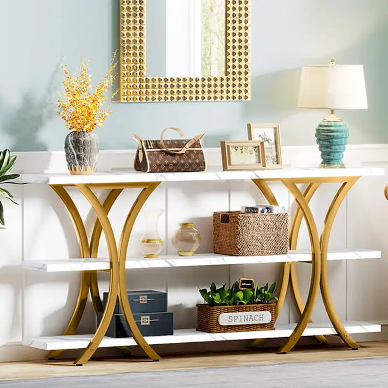 Brown/Grey/Gold X-Frame Narrow Console Table, 3-Tier Shelves