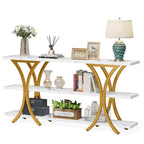 Brown/Grey/Gold X-Frame Narrow Console Table, 3-Tier Shelves