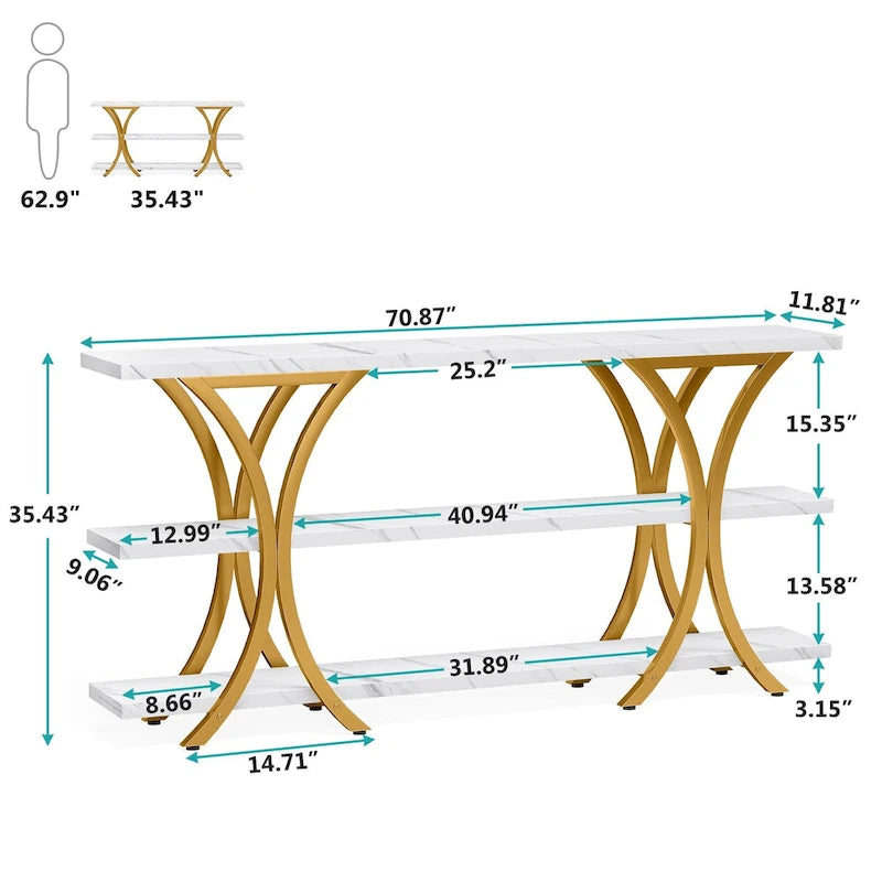 Brown/Grey/Gold X-Frame Narrow Console Table, 3-Tier Shelves