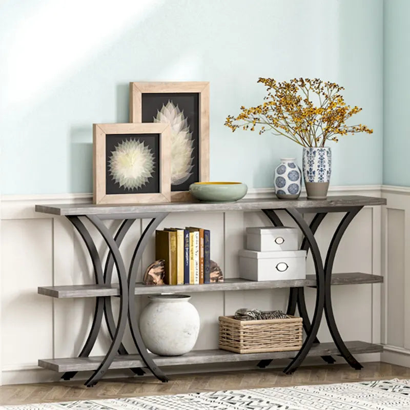 Brown/Grey/Gold X-Frame Narrow Console Table, 3-Tier Shelves