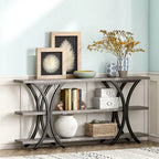 Brown/Grey/Gold X-Frame Narrow Console Table, 3-Tier Shelves