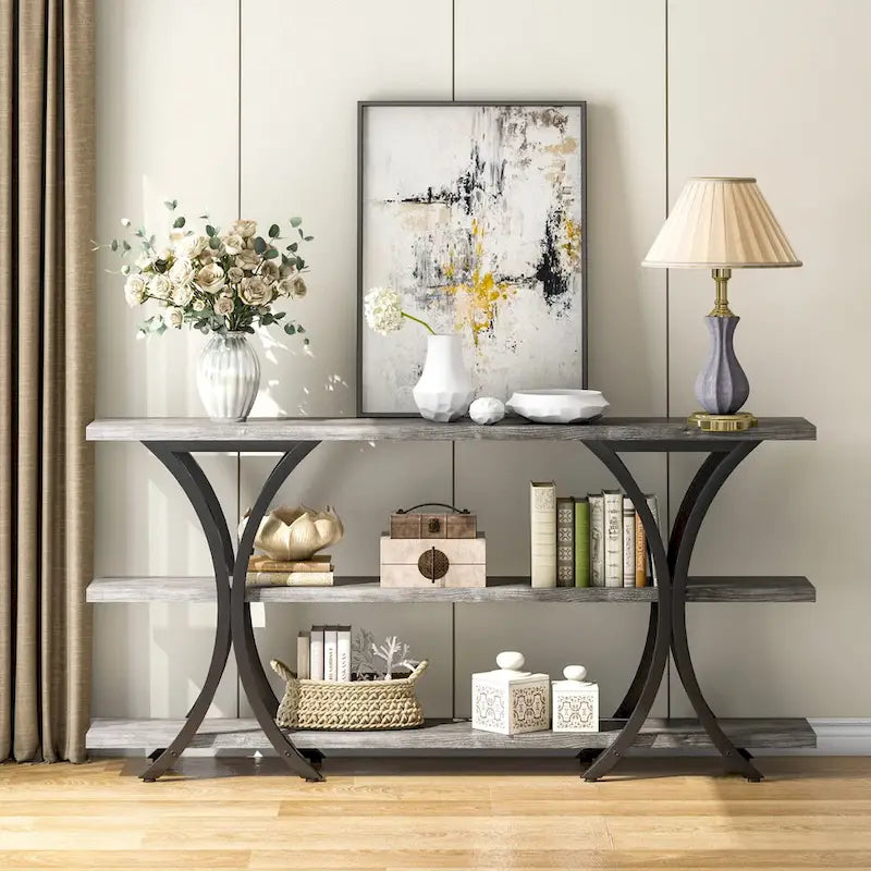 Brown/Grey/Gold X-Frame Narrow Console Table, 3-Tier Shelves