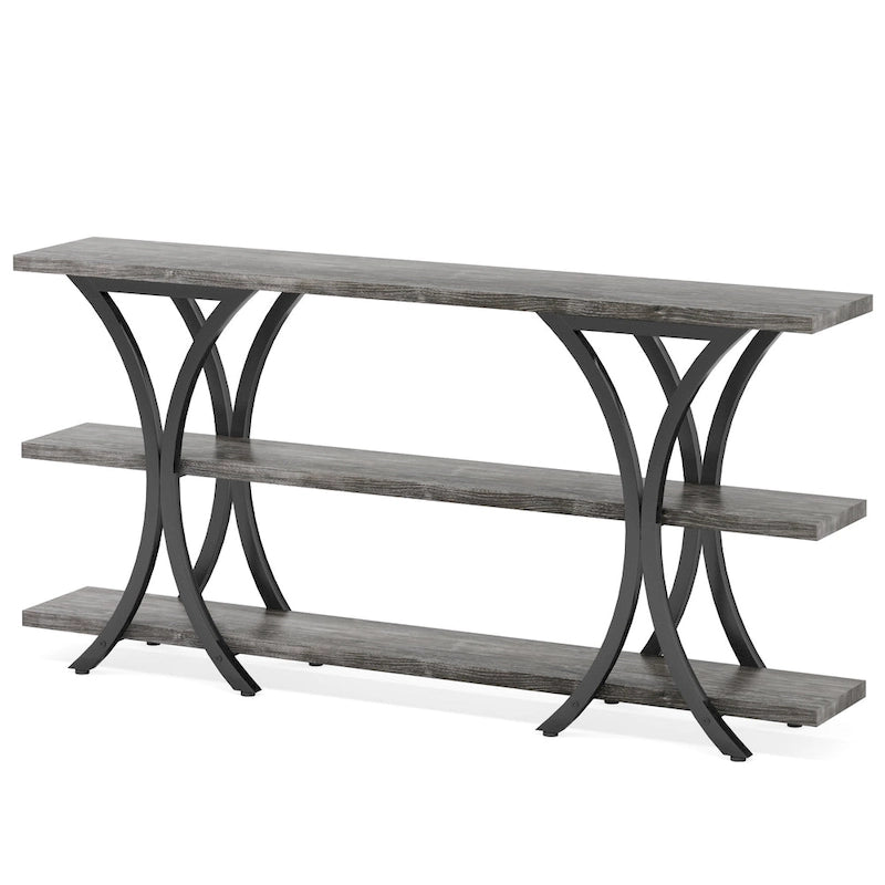 Brown/Grey/Gold X-Frame Narrow Console Table, 3-Tier Shelves