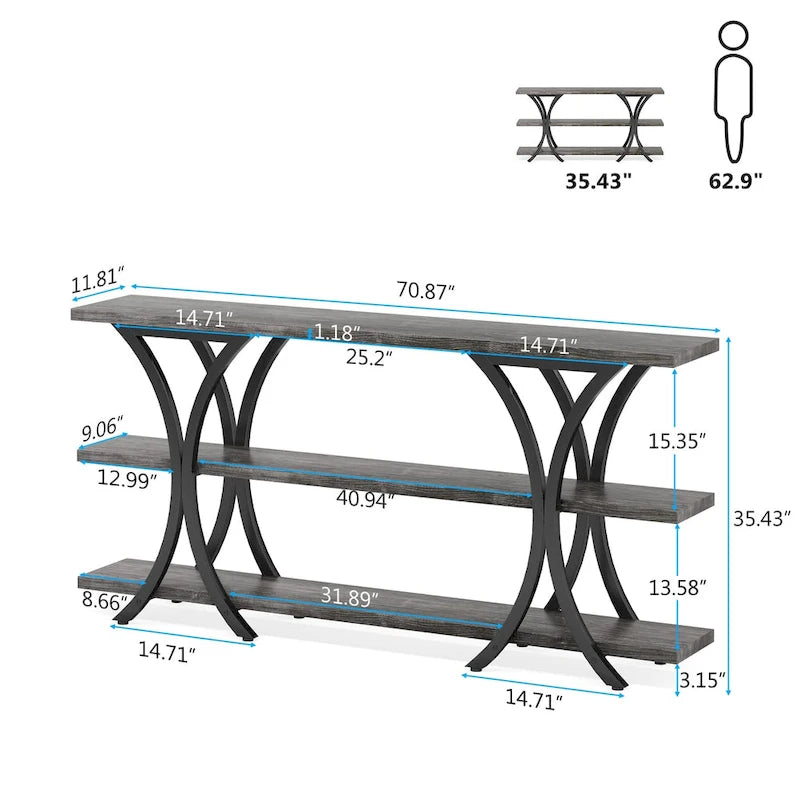 Brown/Grey/Gold X-Frame Narrow Console Table, 3-Tier Shelves