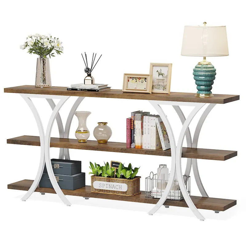 Brown/Grey/Gold X-Frame Narrow Console Table, 3-Tier Shelves