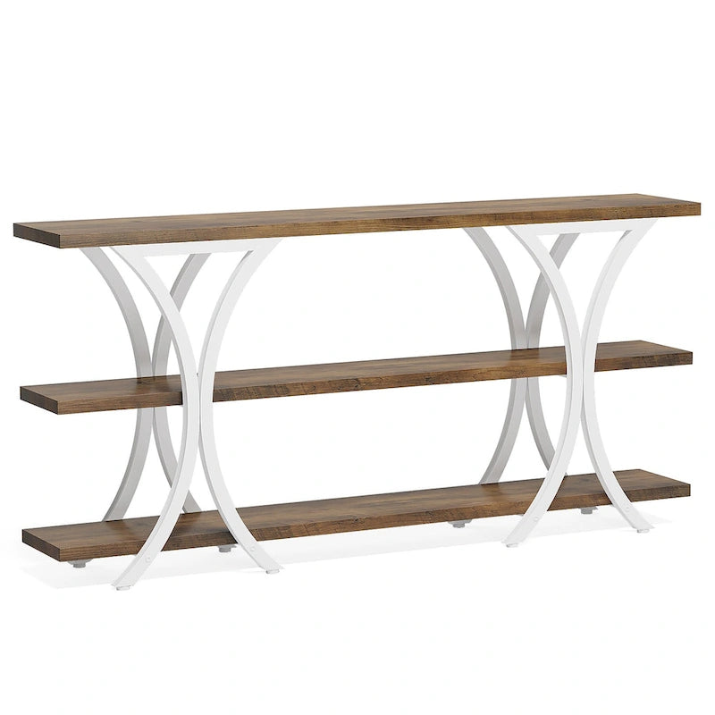Brown/Grey/Gold X-Frame Narrow Console Table, 3-Tier Shelves
