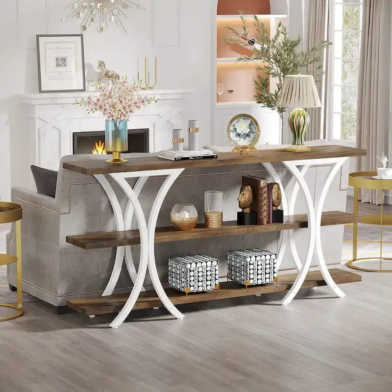 Brown/Grey/Gold X-Frame Narrow Console Table, 3-Tier Shelves