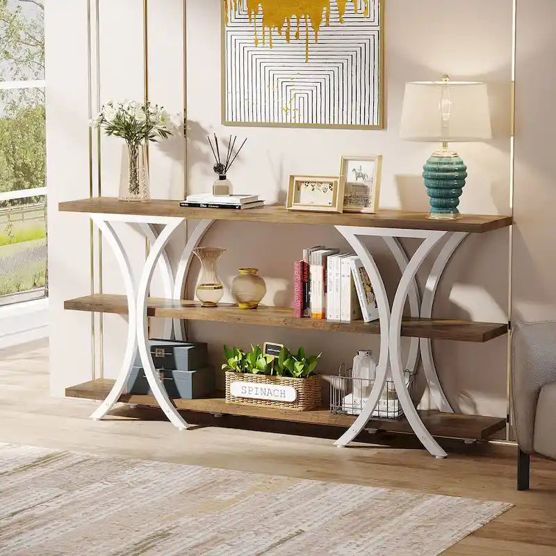 Brown/Grey/Gold X-Frame Narrow Console Table, 3-Tier Shelves