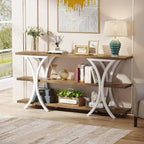 Brown/Grey/Gold X-Frame Narrow Console Table, 3-Tier Shelves