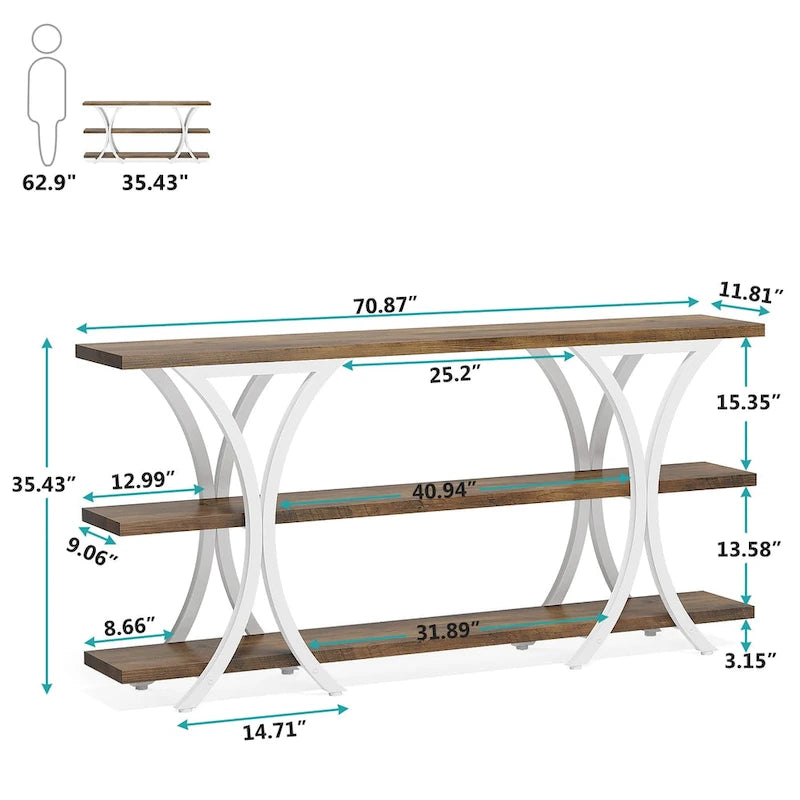 Brown/Grey/Gold X-Frame Narrow Console Table, 3-Tier Shelves