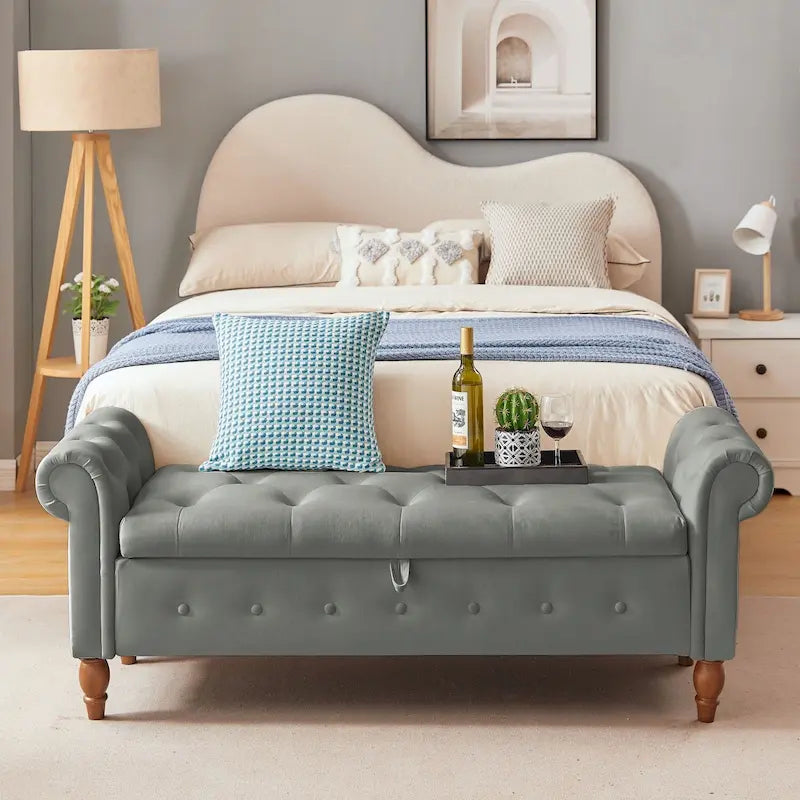 Grey / Beige Button-Tufted Storage Bench with Rolled Arms, 1-Seat, 63"