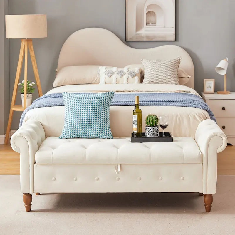 Banco de almacenamiento capitoné gris/beige con brazos enrollados, 1 asiento, 160 cm