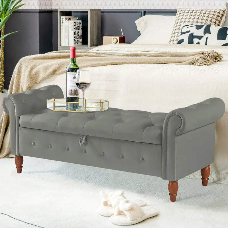 Grey / Beige Button-Tufted Storage Bench with Rolled Arms, 1-Seat, 63"