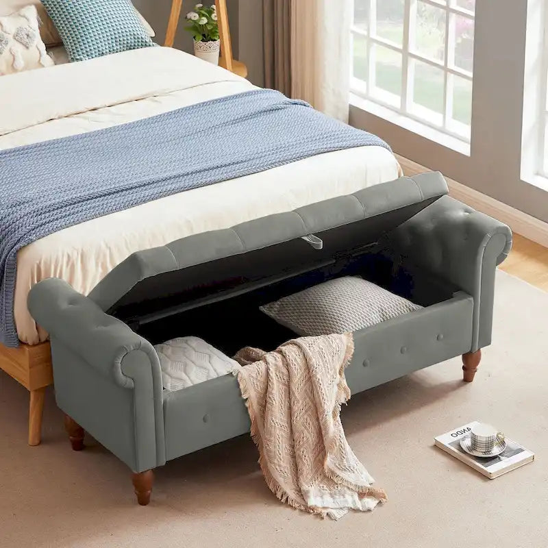 Grey / Beige Button-Tufted Storage Bench with Rolled Arms, 1-Seat, 63"