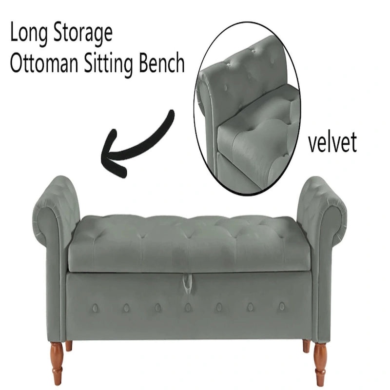 Grey / Beige Button-Tufted Storage Bench with Rolled Arms, 1-Seat, 63"