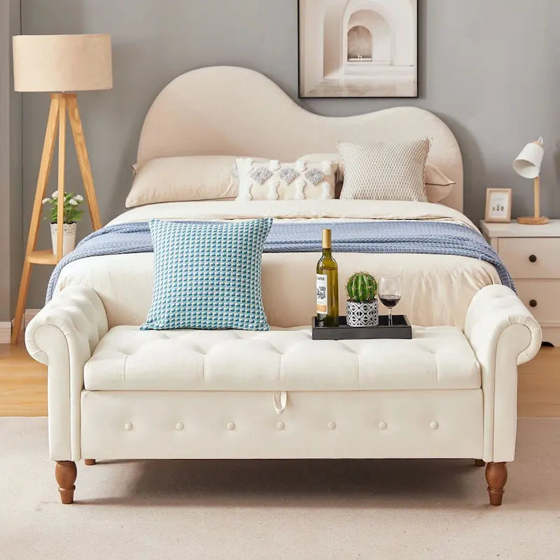 Grey / Beige Button-Tufted Storage Bench with Rolled Arms, 1-Seat, 63"
