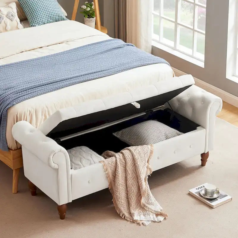 Grey / Beige Button-Tufted Storage Bench with Rolled Arms, 1-Seat, 63"