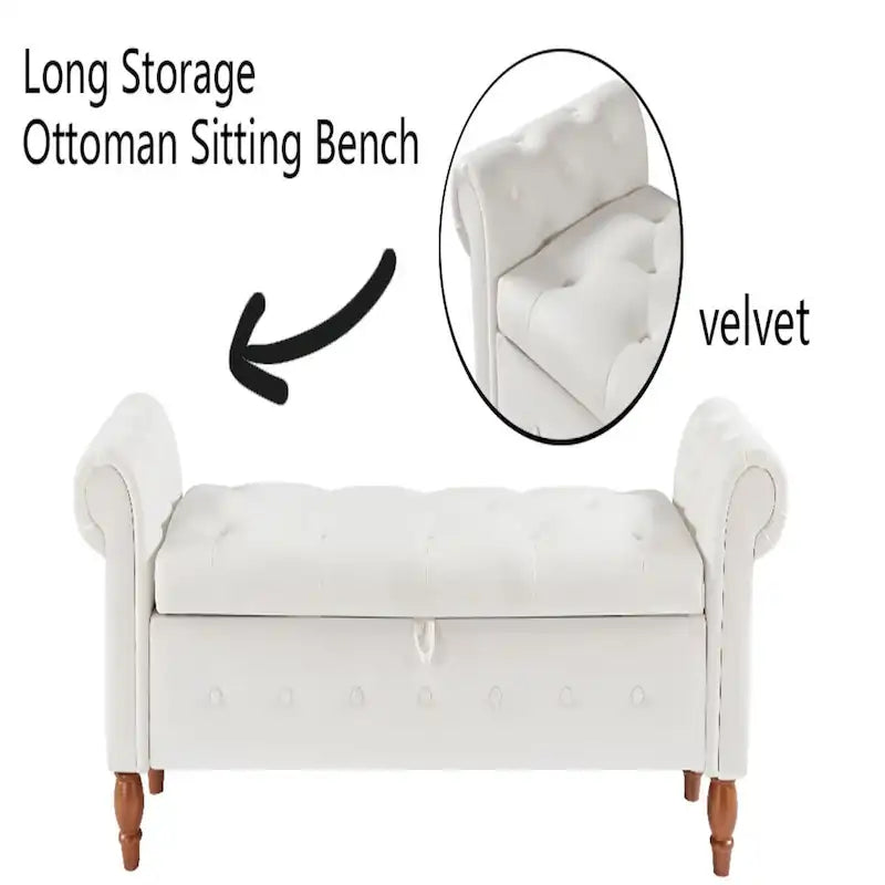 Grey / Beige Button-Tufted Storage Bench with Rolled Arms, 1-Seat, 63"