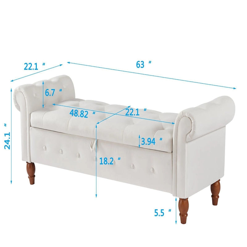 Grey / Beige Button-Tufted Storage Bench with Rolled Arms, 1-Seat, 63"