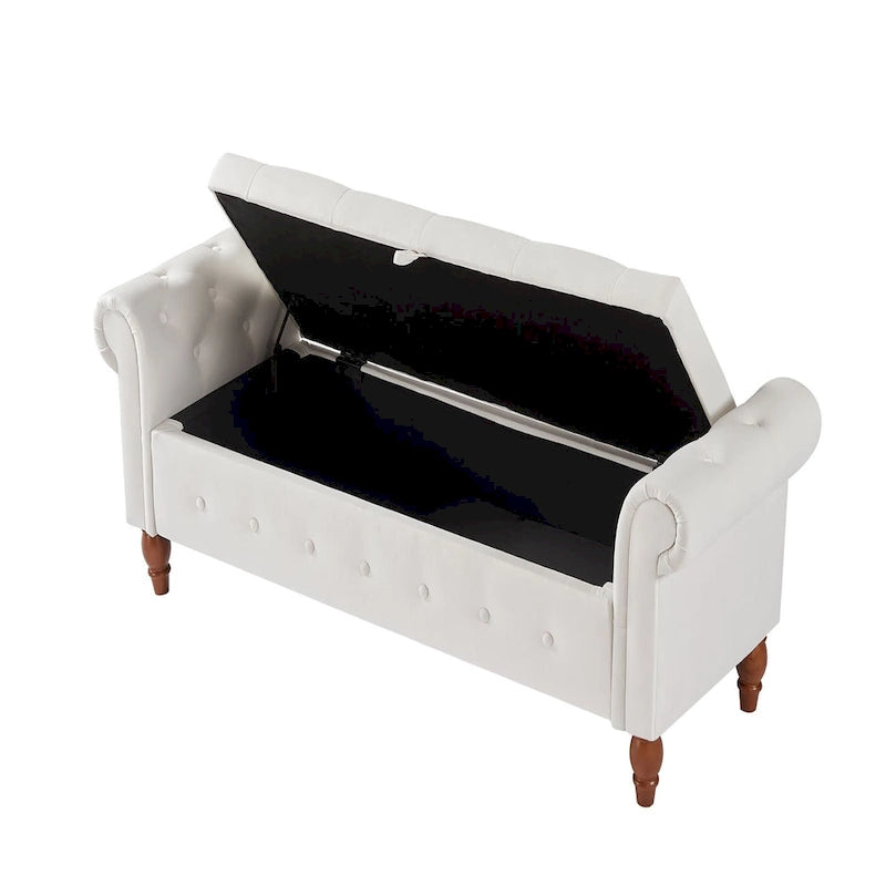 Grey / Beige Button-Tufted Storage Bench with Rolled Arms, 1-Seat, 63"