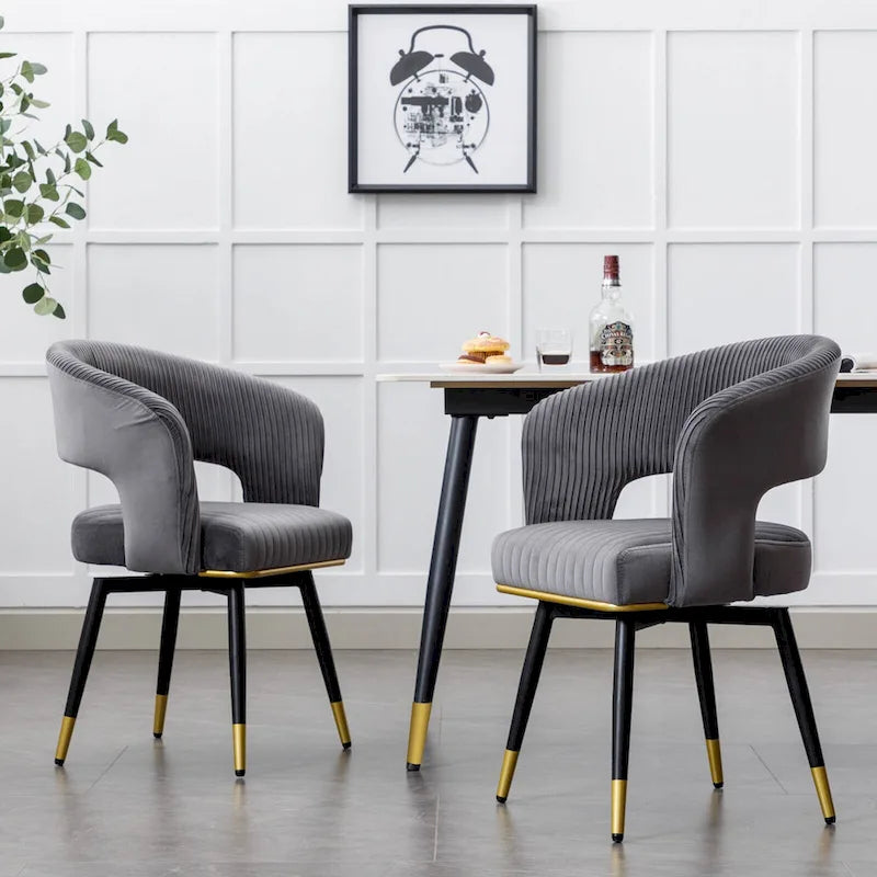 Grey/Blue/Green Velvet Swivel Armchair with Gold Legs, Set of 2