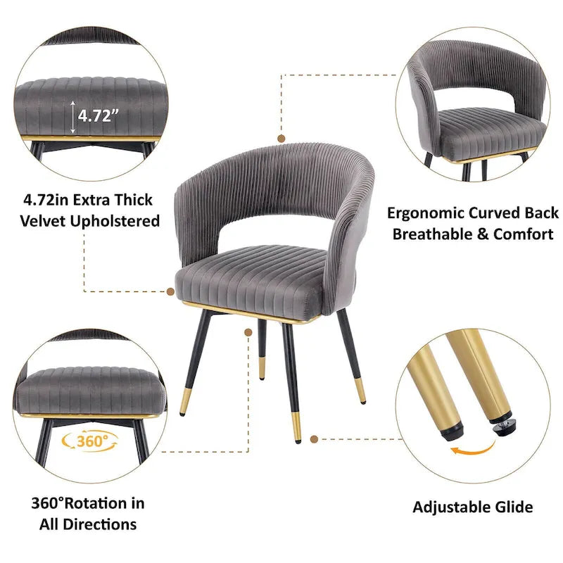 Grey/Blue/Green Velvet Swivel Armchair with Gold Legs, Set of 2
