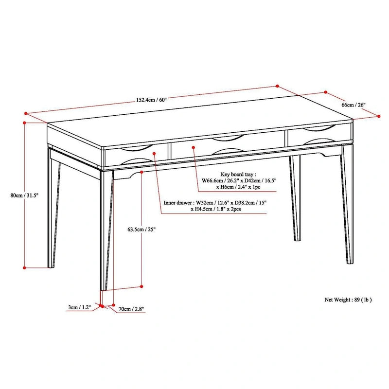 Solid Rubberwood Mid-Century Writing Desk, 60 in., 1 Person