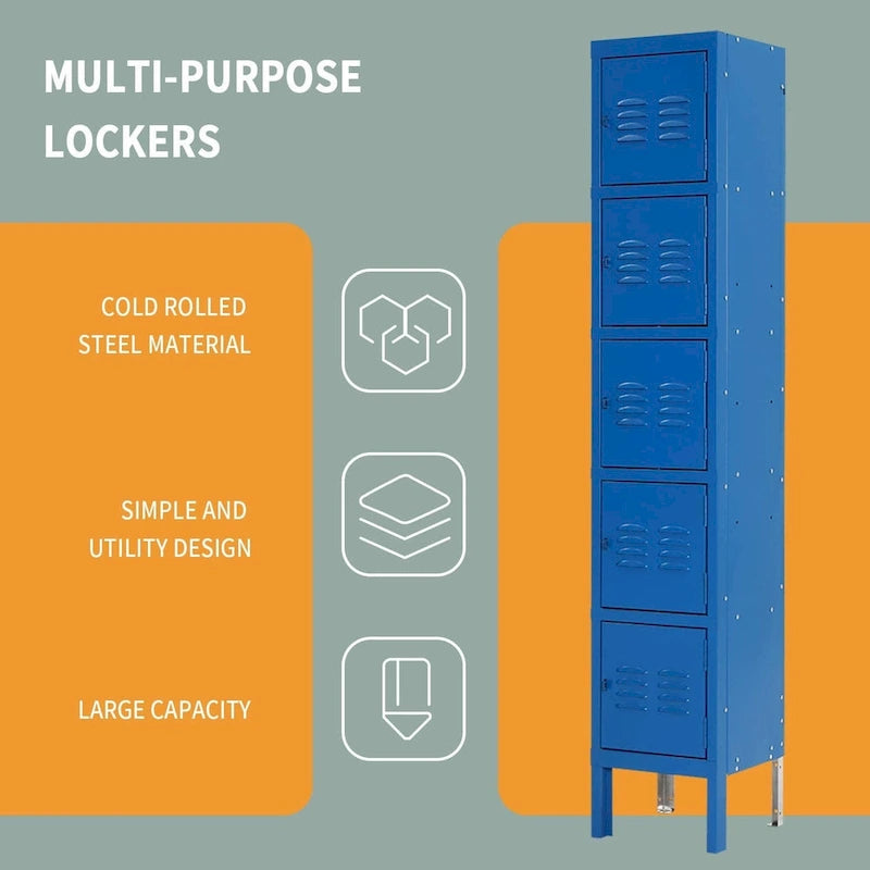 Blue/Grey 5-Door Metal Storage Locker, 1 User per Compartment