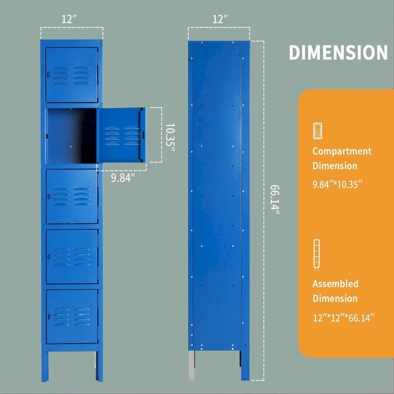 Blue/Grey 5-Door Metal Storage Locker, 1 User per Compartment