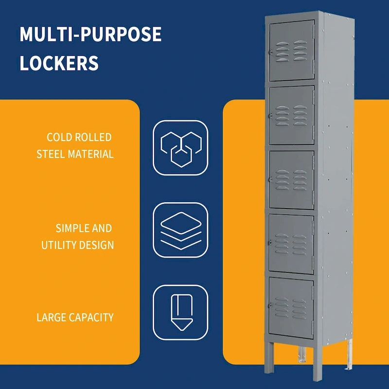 Blue/Grey 5-Door Metal Storage Locker, 1 User per Compartment