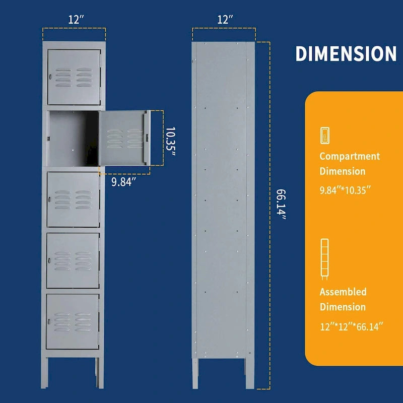 Blue/Grey 5-Door Metal Storage Locker, 1 User per Compartment