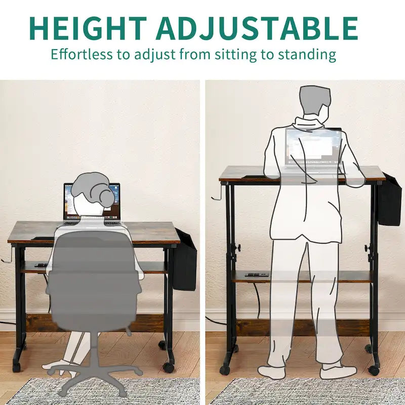 Height-Adjustable Rolling Laptop Desk with Charging Station, 1 Person