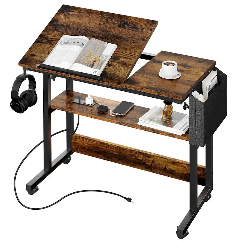 Height-Adjustable Rolling Laptop Desk with Charging Station, 1 Person