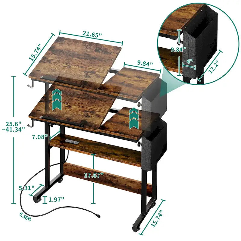 Height-Adjustable Rolling Laptop Desk with Charging Station, 1 Person