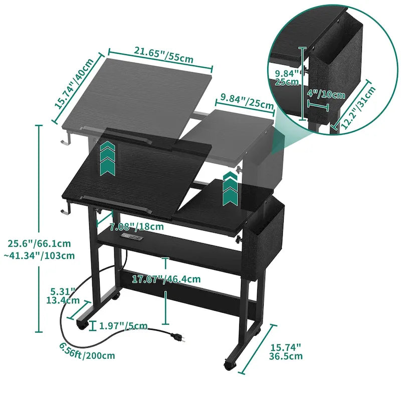 Height-Adjustable Rolling Laptop Desk with Charging Station, 1 Person