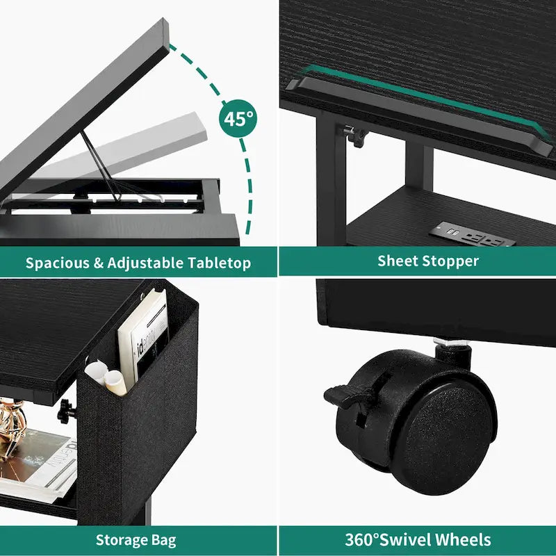 Height-Adjustable Rolling Laptop Desk with Charging Station, 1 Person