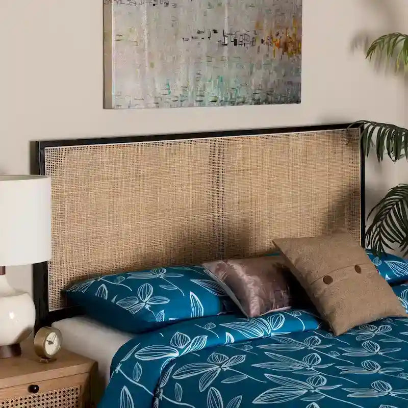 Natural Brown / Black Bohemian Rattan & Wood Queen Headboard