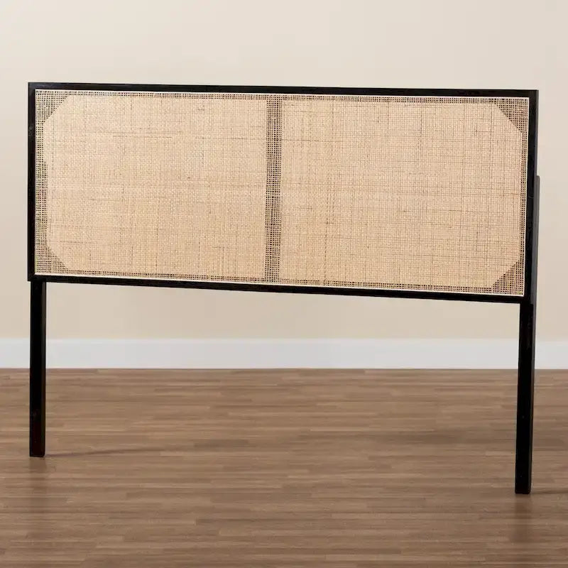 Natural Brown / Black Bohemian Rattan & Wood Queen Headboard