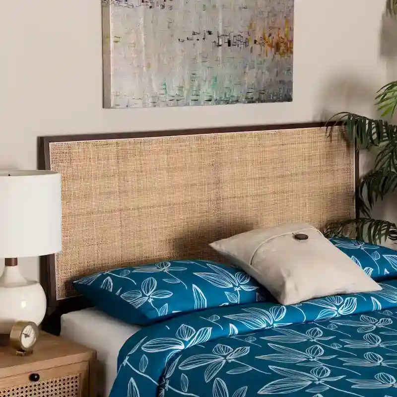 Natural Brown / Black Bohemian Rattan & Wood Queen Headboard