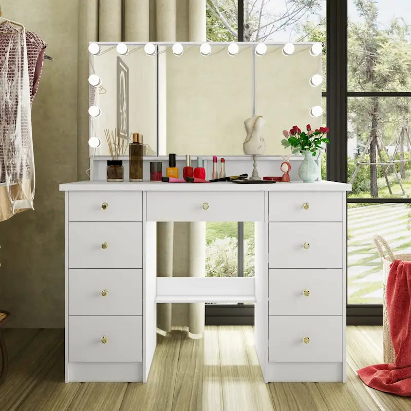 White / Black 9-Drawer Makeup Vanity with LED Mirror, 3 Mirrors – 1 Person