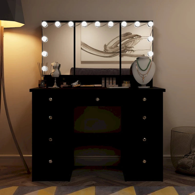 Tocador de maquillaje de 9 cajones blanco/negro con espejo LED, 3 espejos – 1 persona