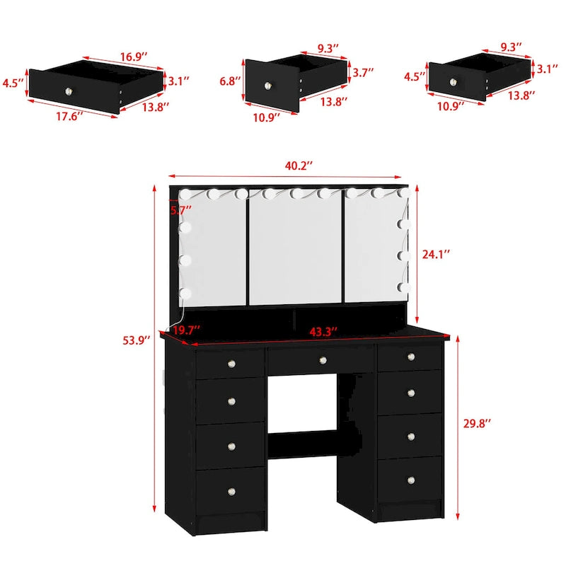White / Black 9-Drawer Makeup Vanity with LED Mirror, 3 Mirrors – 1 Person