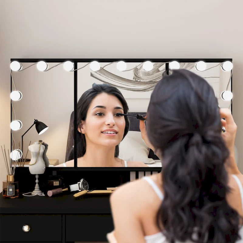 White / Black 9-Drawer Makeup Vanity with LED Mirror, 3 Mirrors – 1 Person