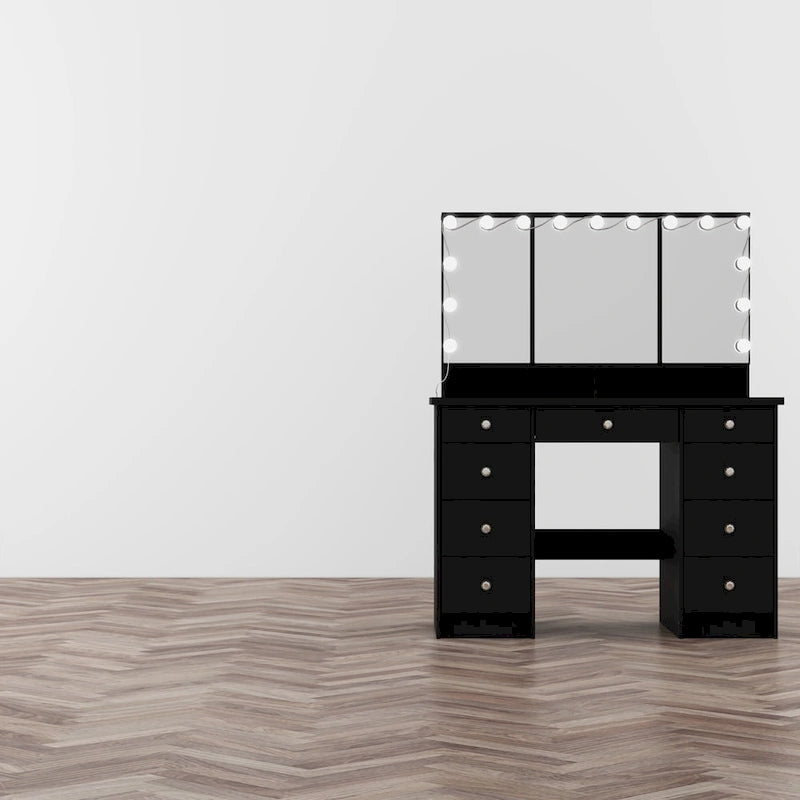 White / Black 9-Drawer Makeup Vanity with LED Mirror, 3 Mirrors – 1 Person