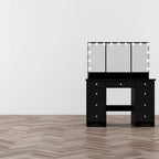 White / Black 9-Drawer Makeup Vanity with LED Mirror, 3 Mirrors – 1 Person