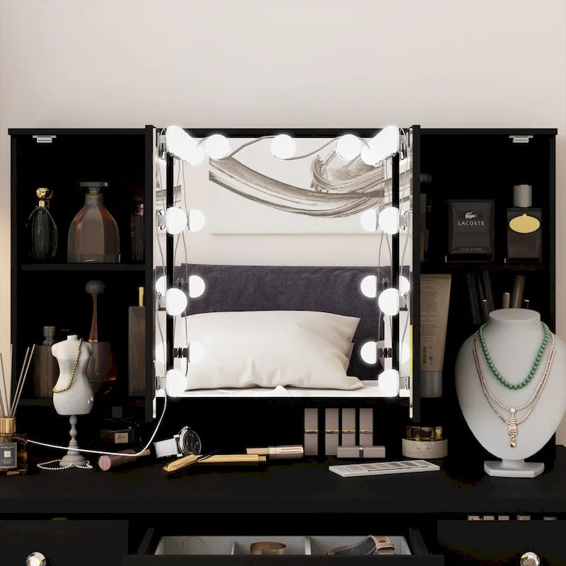 White / Black 9-Drawer Makeup Vanity with LED Mirror, 3 Mirrors – 1 Person