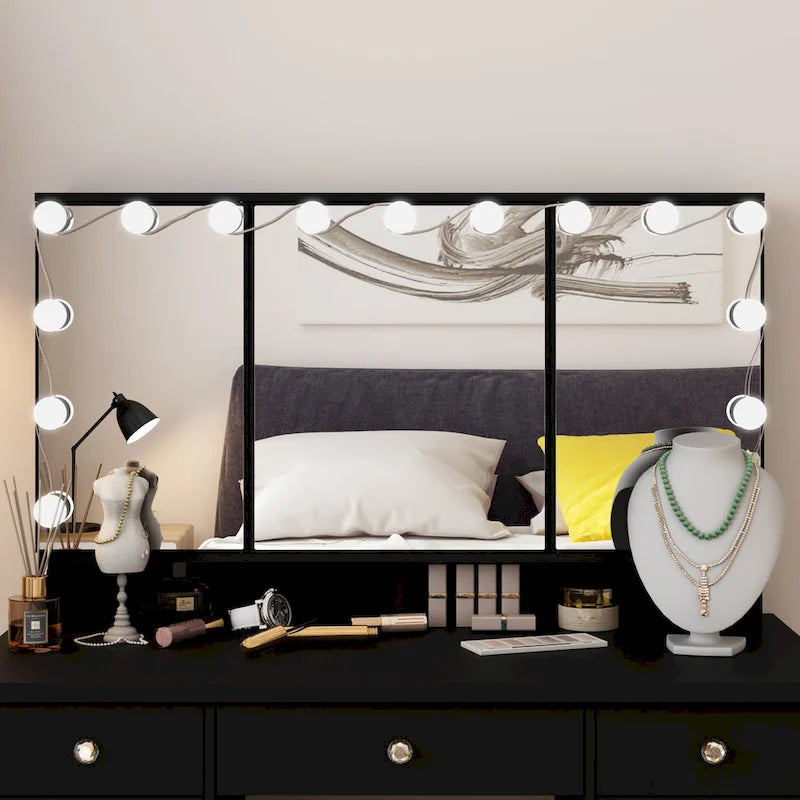 White / Black 9-Drawer Makeup Vanity with LED Mirror, 3 Mirrors – 1 Person